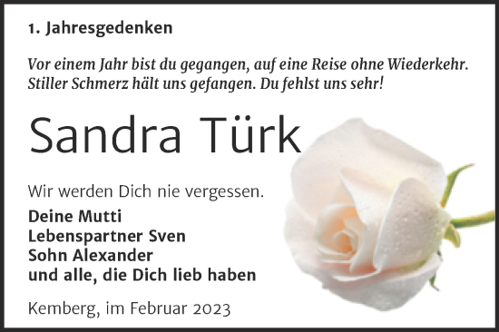 Traueranzeige von Sandra Türk von Trauerkombi Wittenberg
