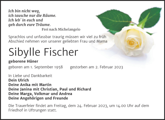 Traueranzeige von Sibylle Fischer von Trauerkombi Sangerhausen