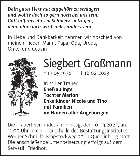 Traueranzeige von Siegbert Großmann von Trauerkombi Quedlinburg