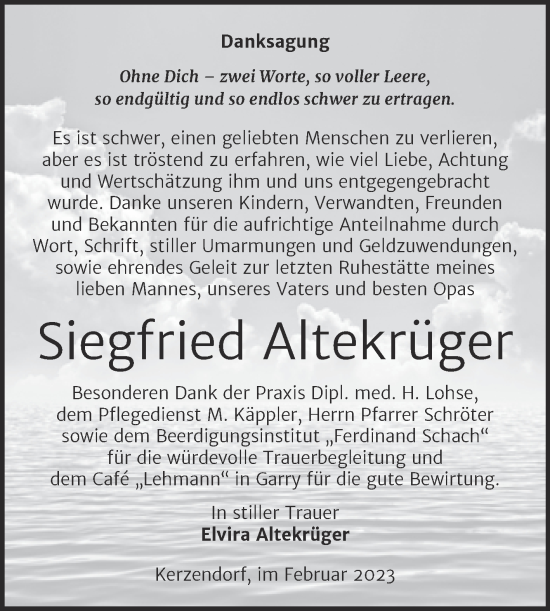 Traueranzeige von Siegfried Altekrüger von Trauerkombi Wittenberg