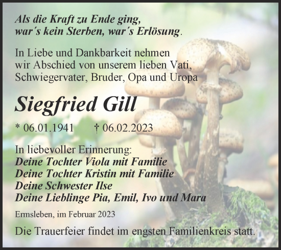 Traueranzeige von Siegfried Gill von Trauerkombi Quedlinburg