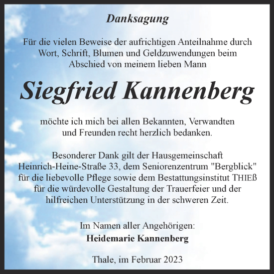 Traueranzeige von Siegfried Kannenberg von Trauerkombi Quedlinburg