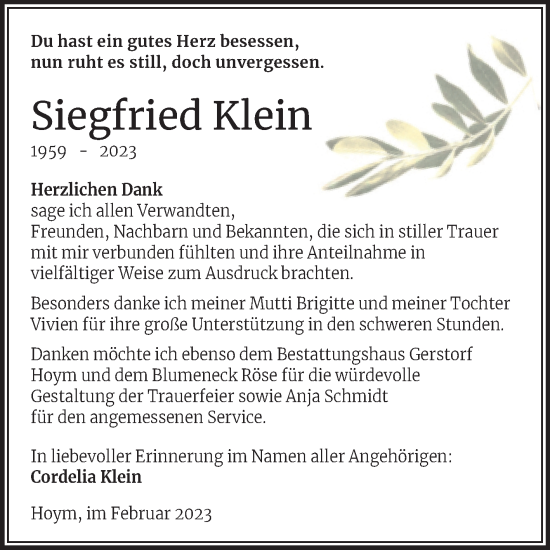 Traueranzeige von Siegfried Klein von Trauerkombi Aschersleben
