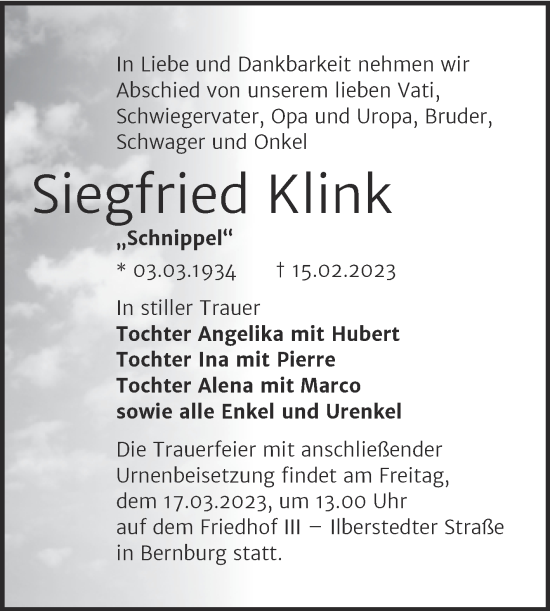 Traueranzeige von Siegfried Klink von Trauerkombi Bernburg