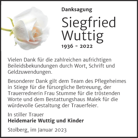 Traueranzeige von Siegfried Wuttig von Trauerkombi Sangerhausen