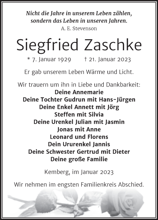 Traueranzeige von Siegfried Zaschke von Trauerkombi Wittenberg