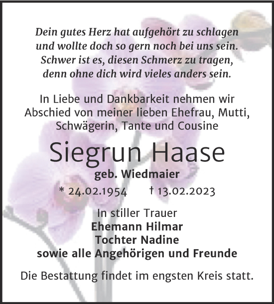 Traueranzeige von Siegrun Haase von Trauerkombi Bernburg