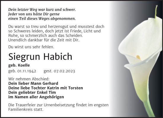 Traueranzeige von Siegrun Habich von Wochenspiegel Naumburg/Nebra