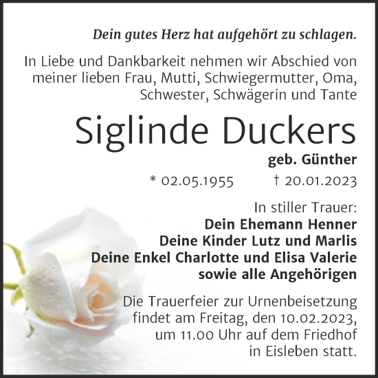 Traueranzeige von Siglinde Duckers von Trauerkombi Mansfelder Land