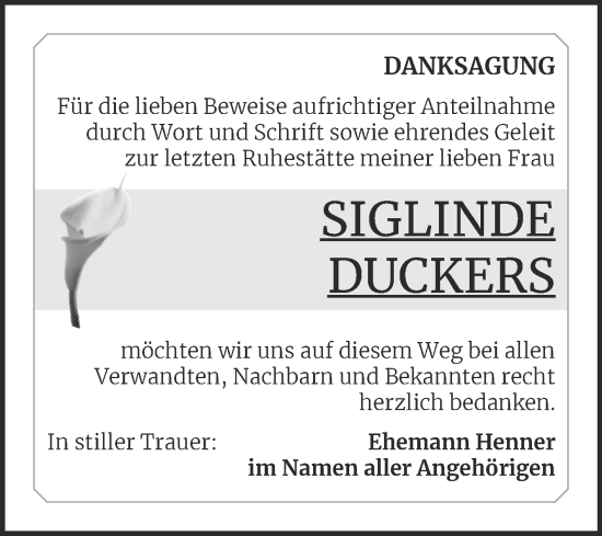 Traueranzeige von Siglinde Duckers von Trauerkombi Mansfelder Land