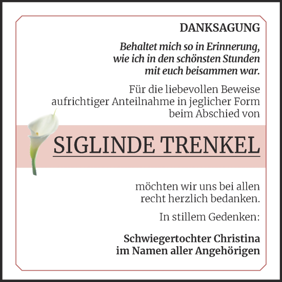 Traueranzeige von Siglinde Trenkel von Trauerkombi Mansfelder Land