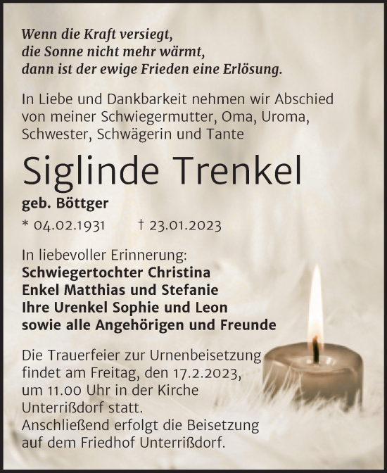 Traueranzeige von Siglinde Trenkel von Trauerkombi Mansfelder Land