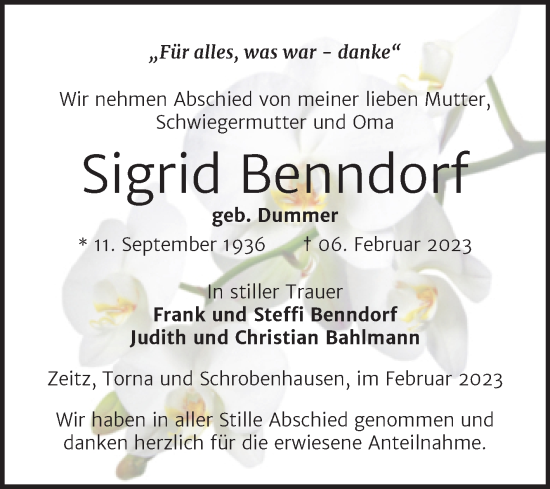 Traueranzeige von Sigrid Benndorf von Trauerkombi Zeitz