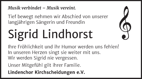 Traueranzeige von Sigrid Lindhorst von Wochenspiegel Naumburg/Nebra