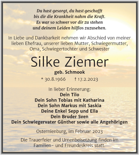 Traueranzeige von Silke Ziemer von Trauerkombi Köthen