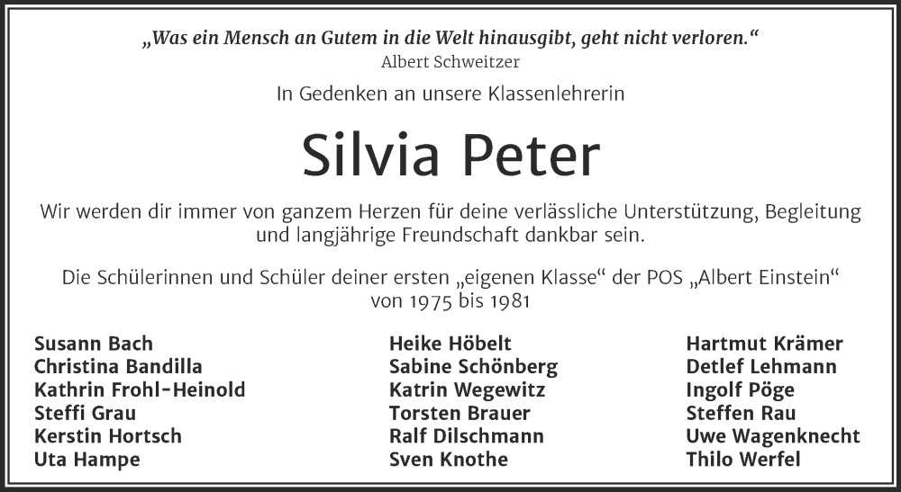  Traueranzeige für Silvia Peter vom 08.02.2023 aus Trauerkombi Weißenfels
