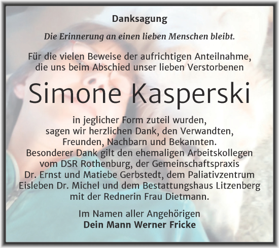 Traueranzeige von Simone Kasperski von Trauerkombi Mansfelder Land