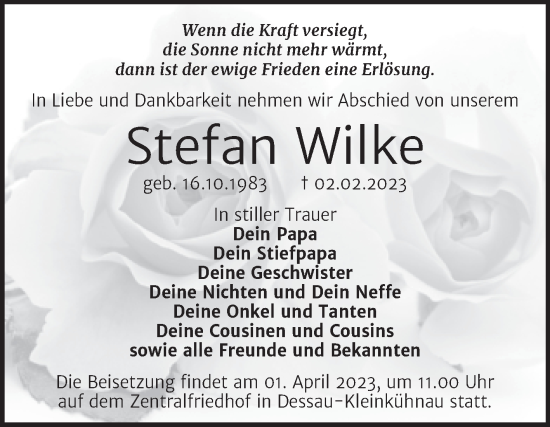 Traueranzeige von Stefan Wilke von Trauerkombi Dessau