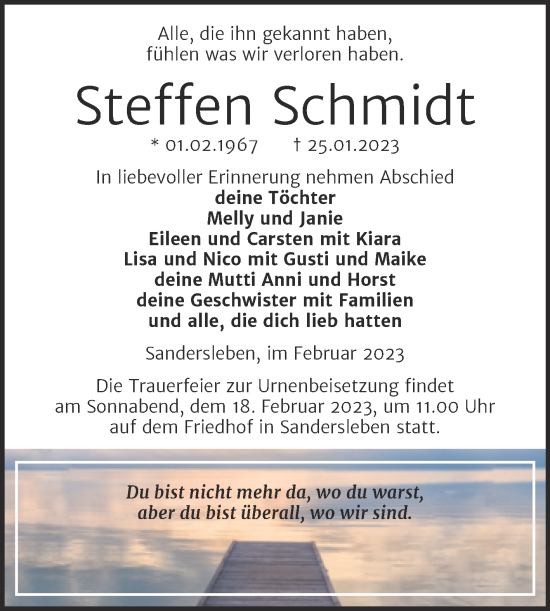 Traueranzeige von Steffen Schmidt von Trauerkombi Mansfelder Land
