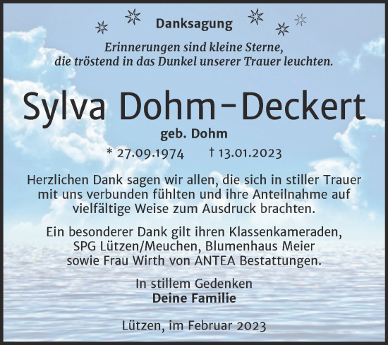 Traueranzeige von Sylva Dohm-Deckert von Trauerkombi Weißenfels