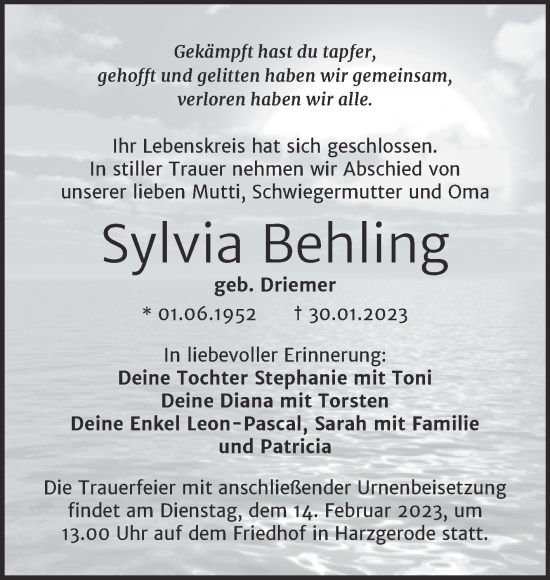 Traueranzeige von Sylvia Behling von Trauerkombi Quedlinburg