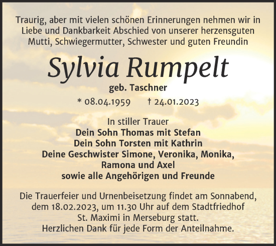 Traueranzeige von Sylvia Rumpelt von Trauerkombi Merseburg