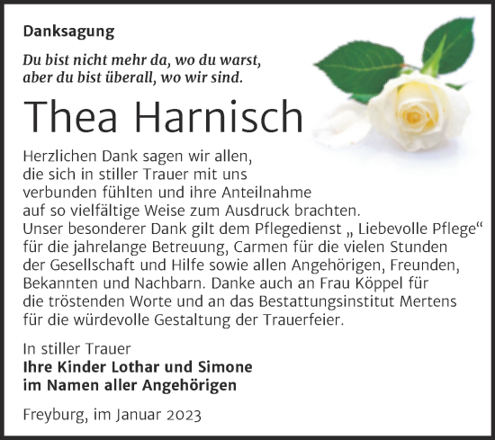 Traueranzeige von Thea Harnisch von Wochenspiegel Naumburg/Nebra