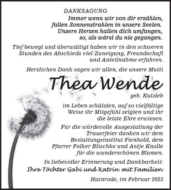 Traueranzeige von Thea Wende von Trauerkombi Sangerhausen