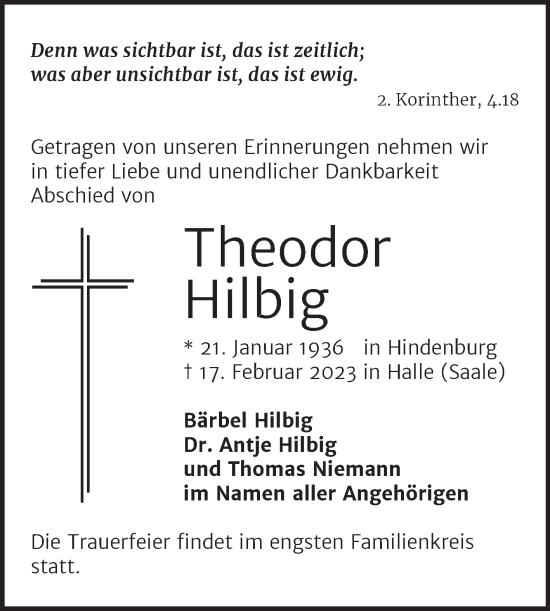 Traueranzeige von Theodor Hilbig von Mitteldeutsche Zeitung Halle/Saalkreis