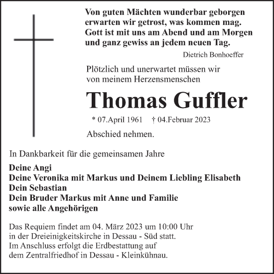Traueranzeige von Thomas Guffler von Trauerkombi Dessau