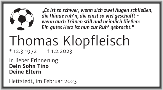Traueranzeige von Thomas Klopfleisch von Trauerkombi Mansfelder Land