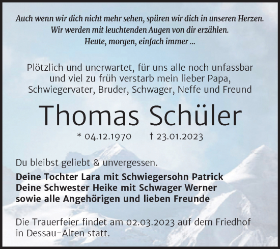 Traueranzeige von Thomas Schüler von Trauerkombi Dessau
