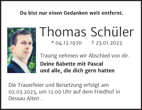 Traueranzeige von Thomas Schüler von Trauerkombi Dessau
