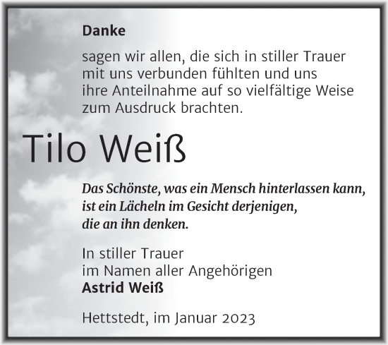 Traueranzeige von Tilo Weiß von Trauerkombi Mansfelder Land