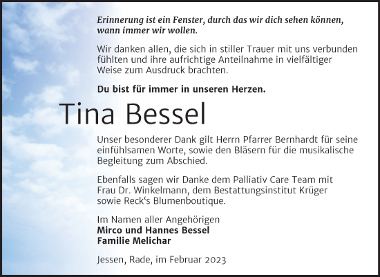 Traueranzeige von Tina Bessel von Trauerkombi Wittenberg