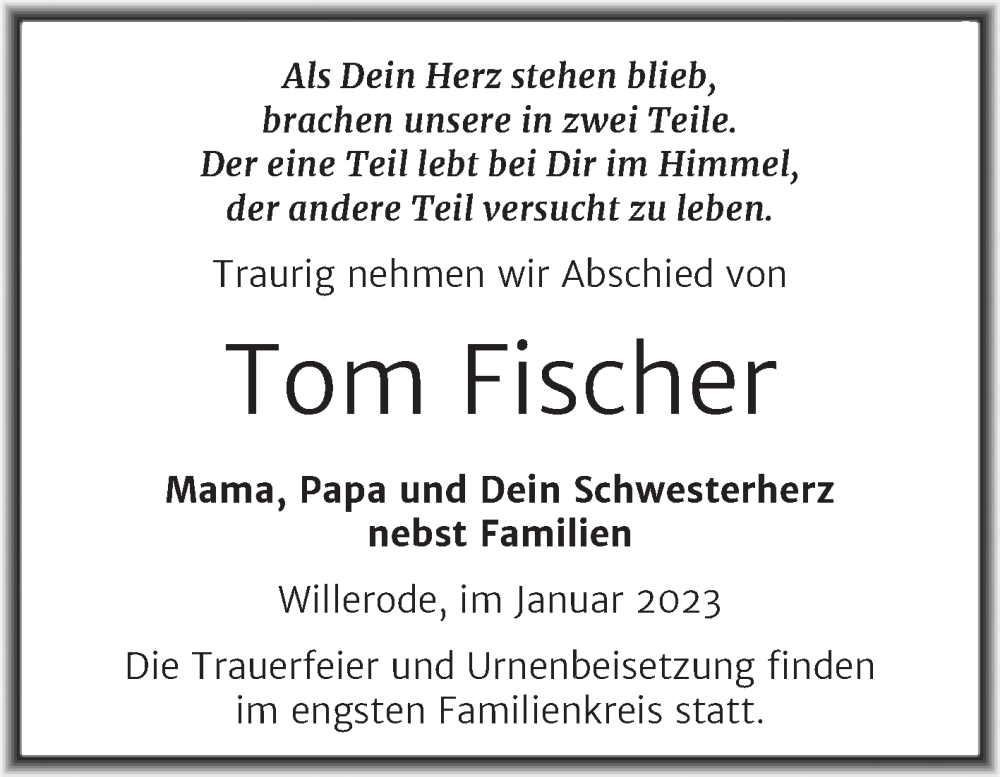  Traueranzeige für Tom Fischer vom 02.02.2023 aus Trauerkombi Mansfelder Land