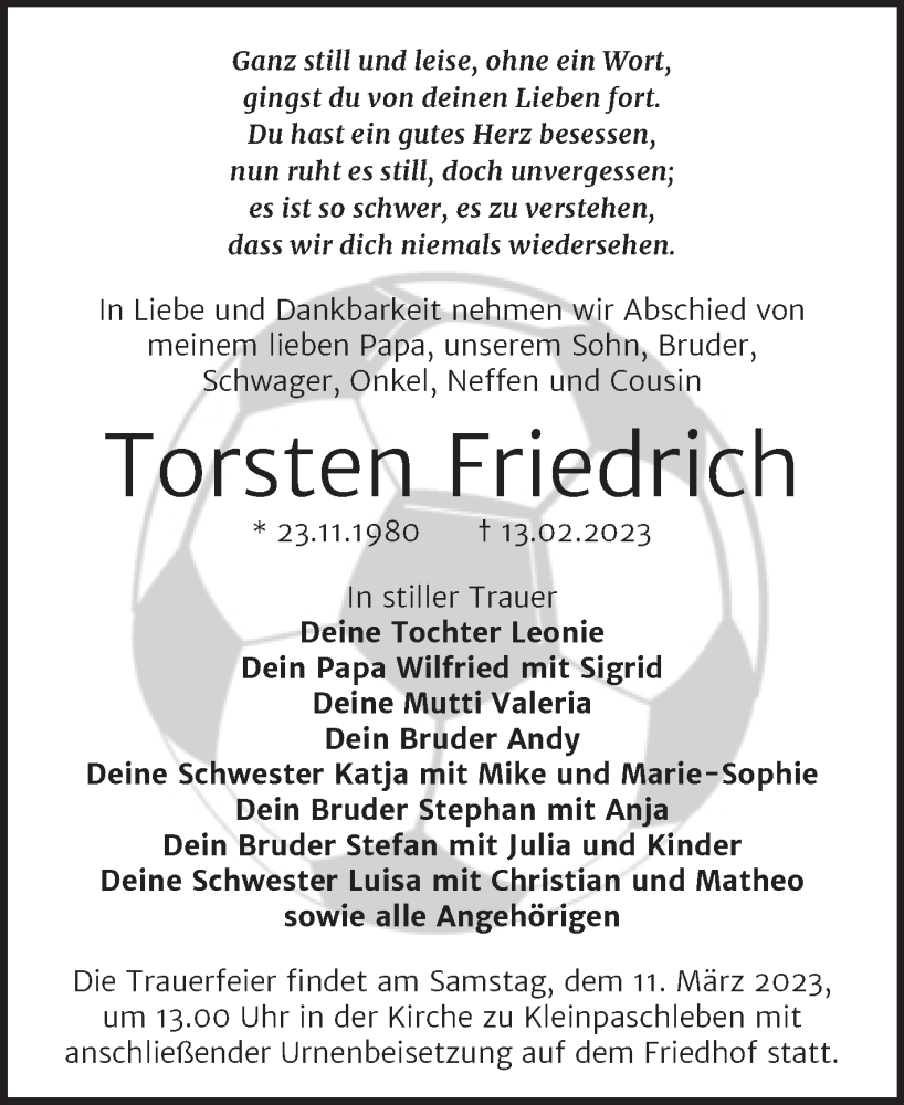  Traueranzeige für Torsten Friedrich vom 21.02.2023 aus Trauerkombi Köthen