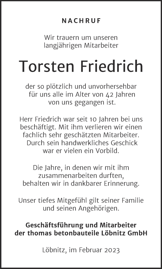 Traueranzeige von Torsten Friedrich von Super Sonntag Köthen