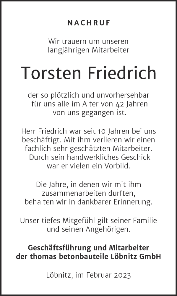  Traueranzeige für Torsten Friedrich vom 25.02.2023 aus Super Sonntag Köthen