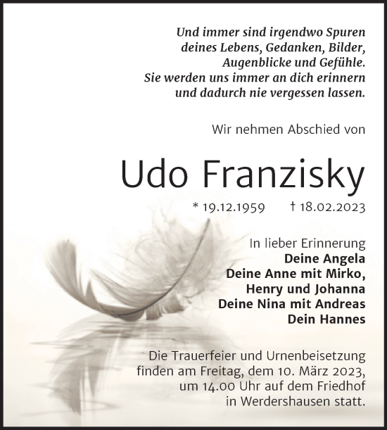 Traueranzeige von Udo Franzisky von Trauerkombi Köthen