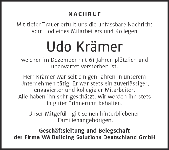 Traueranzeige von Udo Krämer von Mitteldeutsche Zeitung Merseburg/Querfurt