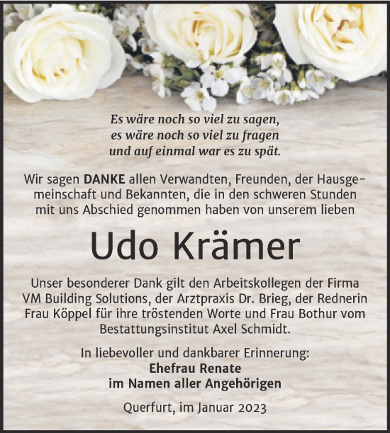 Traueranzeige von Udo Krämer von Trauerkombi Merseburg