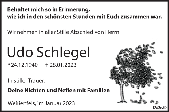 Traueranzeige von Udo Schlegel von Trauerkombi Weißenfels