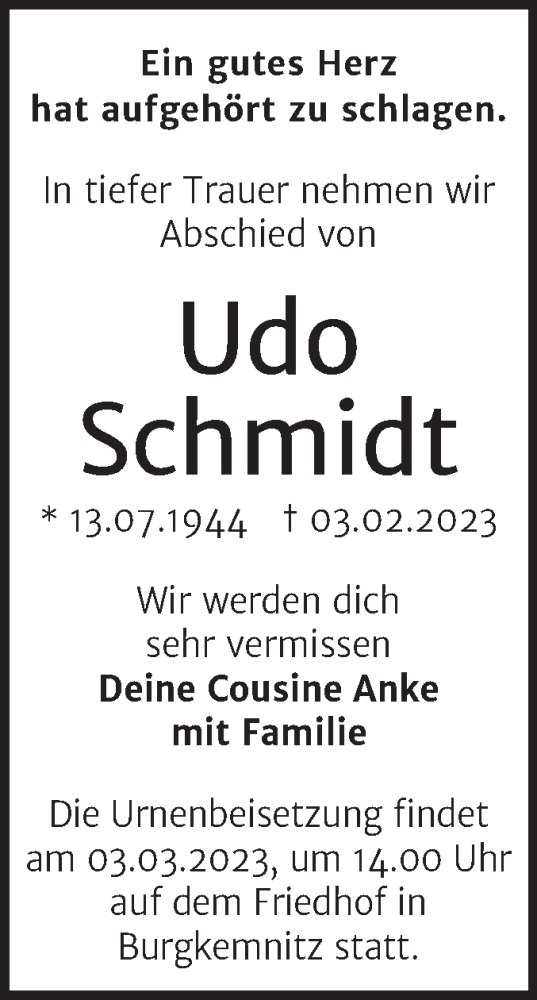 Traueranzeige von Udo Schmidt von Trauerkombi Bitterfeld