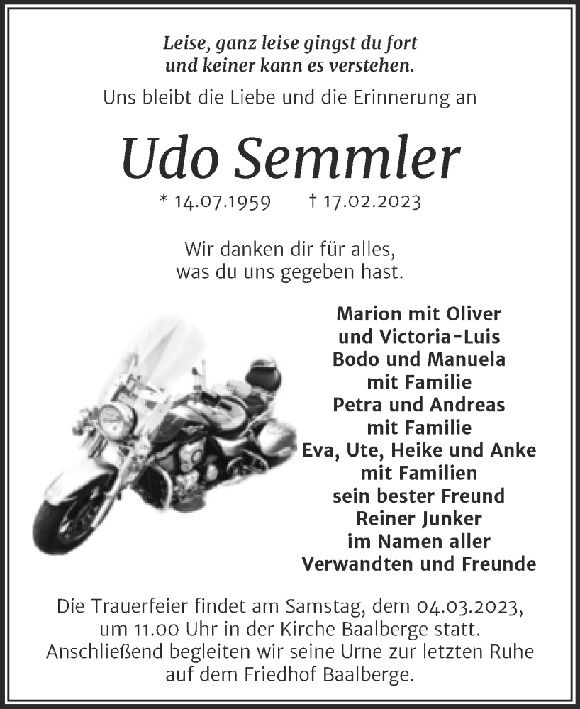  Traueranzeige für Udo Semmler vom 25.02.2023 aus Super Sonntag Bernburg
