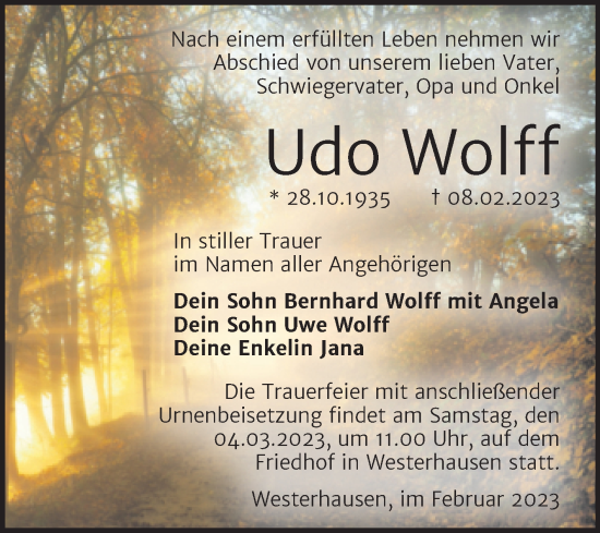 Traueranzeige von Udo Wolff von Trauerkombi Quedlinburg