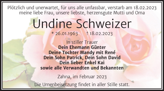 Traueranzeige von Undine Schweizer von Trauerkombi Wittenberg