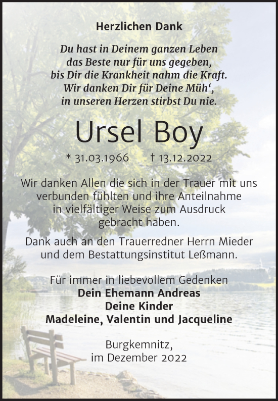 Traueranzeige von Ursel Boy von Trauerkombi Bitterfeld