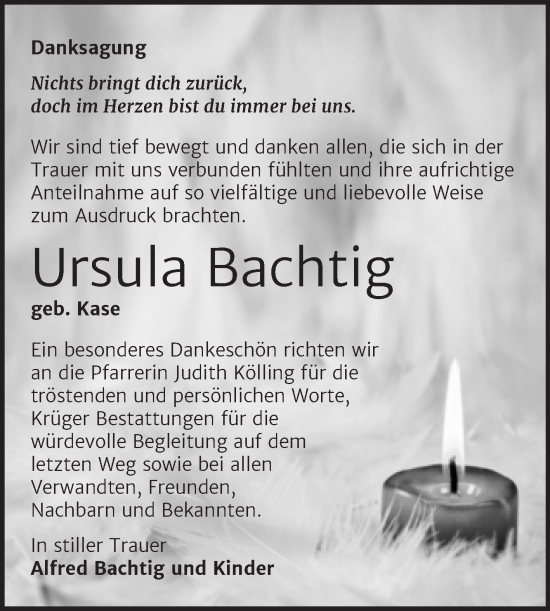 Traueranzeige von Ursula Bachtig von Trauerkombi Wittenberg