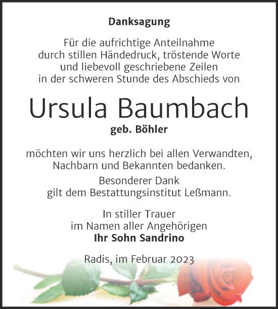 Traueranzeige von Ursula Baumbach von Trauerkombi Wittenberg